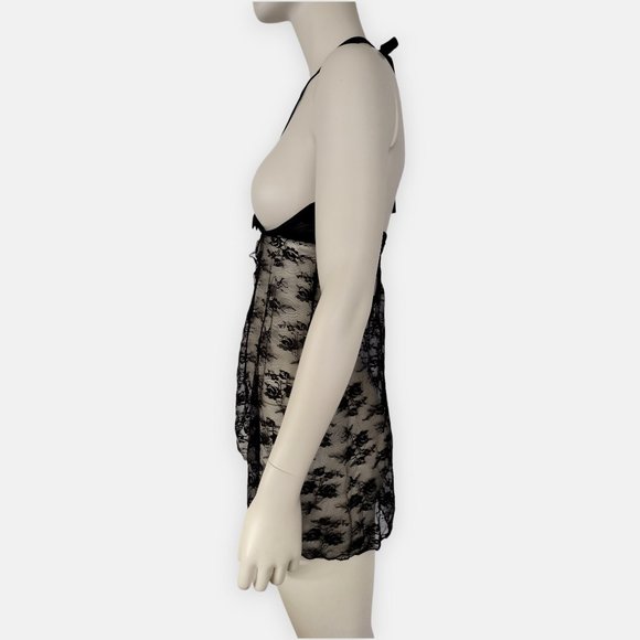 Vintage 2000s Frederick’s of Hollywood Black Lace Open Cup Halter Babydoll - Picture 5 of 14